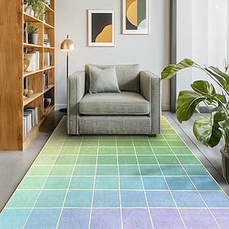 Light and Colorful Rainbow Rug 5x7, Green Checkered Retro Eclectic Rainbow, Washable Area Rugs Non Slip Low Pile for Nursery Living Room Bedroom Girls Boys Unisex Kids, Mid Century Modern Ombre
