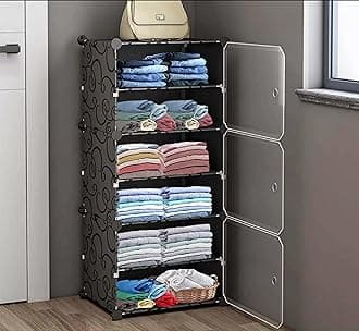 AYSIS Plastic Foldable Wardrobe for Clothes Storage, 6-Shelf 3-Door Collapsible Cupboard, Kitchen Storage Rack (Black, 44 x 32 x 158 Cm)