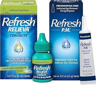 Refresh Relieva for Contacts Lubricant Eye Drops (0.27 Fl Oz) P.M. Eye Ointment, Nighttime Relief, Preservative-Free (0.12 Oz)