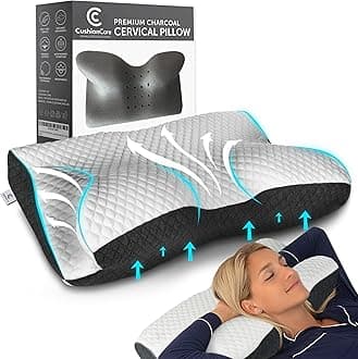 Charcoal Pillow for Neck and Shoulder Pain Relief – Bamboo Charcoal Memory Foam Cervical Pillow with Orthopedic Contour Support & Ventilated Cover – for Side, Back & Stomach Sleepers + Free Eye Mask