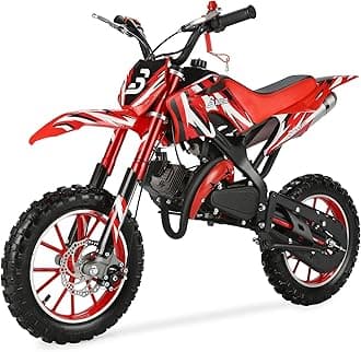 49CC Kids Gas Dirt Bike, 2-Stroke Gas Powered Motorcycle, Dual Disc Brakes, Front & Rear Shock, 10" Off-Road Tires, 28 MPH Top Speed, 132 LBS Max Load, Mini Dirtbike for Kids 8-14, Red