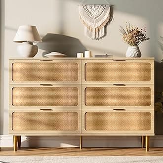 Rattan 6 Drawer Dresser for Bedroom, Large Double Dresser with Deep Drawers, Wooden Chest of Drawers for Closet with Wide Top, for Living Room, Hallway, Kids Room, Natural