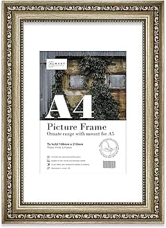 Almost FramelessA4 Champaign Ornate Picture Frame With White Mount for A5 (14.8 x 21cm - 5.8 x 8.3in) Poster, Photo, Artwork, or Print. Baroque Style Portrait and Landscape Display with Wall Hooks