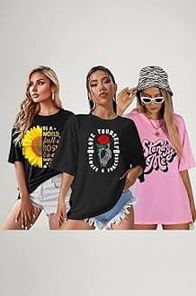 Women's Cotton Oversized Fit Printed Round Neck Oversized T-Shirt | Loose Fit Drop Shoulder T-Shirt Pack of 3