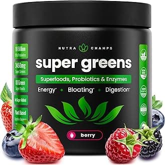 SuperGreens Powder, 40+ Organic Superfoods, Probiotics & Enzymes for Energy, Digestion, Gut Health & Bloating | Organic Fruit & Veggie Drink Mix, Daily Green Juice Smoothie Blend, Spinach, Noni Plus