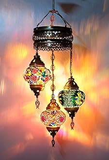 Asylove Turkish Ceiling Lamp, Mosaic Pendant Lamp Turkish Chandeliers 3 Globe Moroccan Ceiling Lighting Art Deco Brillant Fixture, 5 inc Globe - Total Dimensions 14x14x35 inch (Colormix 2)