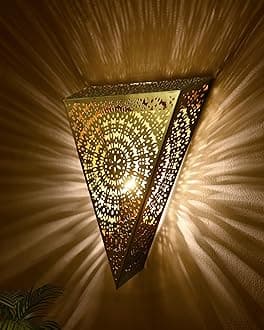 Homesake® Turkish Moroccan Wall Sconce Lamp, Vintage Hand Carved Metal Wall Light, Wall Mounted Porch Light, Brass Finish for Home,Villa, Kitchen, Restaurant, (Triangle)
