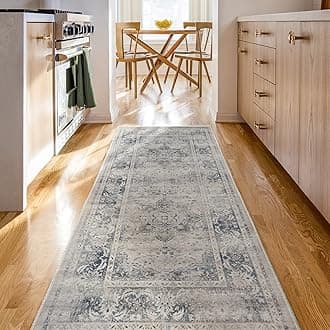 RUGGABLESarrah Washable Runner Rug - Elegant Room Decor and Vintage Area Rug Perfect for Living Room Bedroom Kitchen Stain Resistant Pet & Child Friendly- Blue Quartz 75cm x 215cm (Standard Pad)