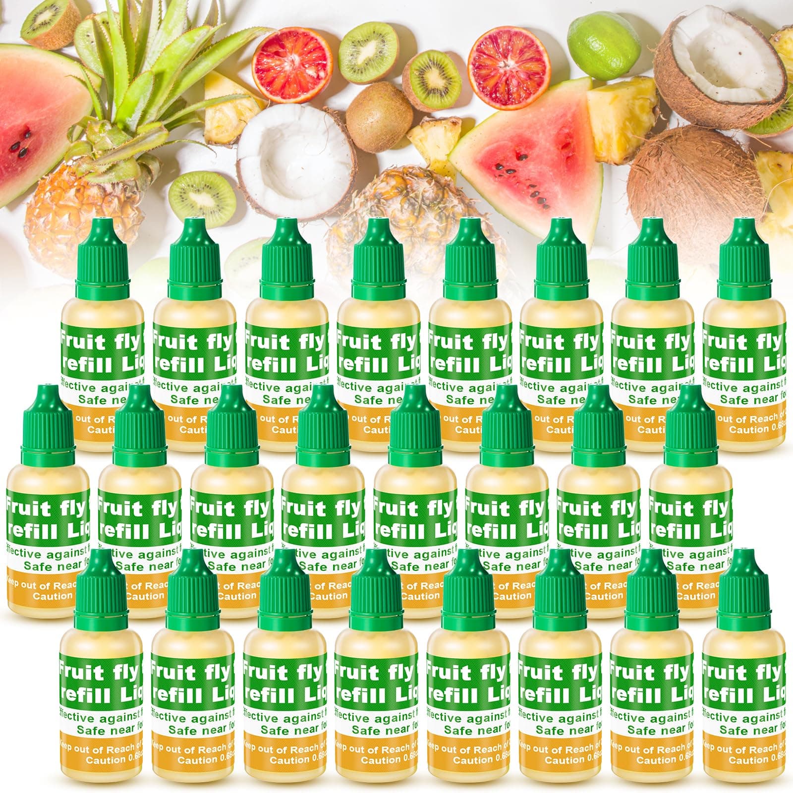- Qualirey 24 Pack Fruit Fly Trap Refill Liquid, 0.68oz Per Bottle Liquid Fruit Fly Traps for Indoors, Non Toxic Bait Safe Near Pets, Food and Kids, Lure Refill for Home Kitchen