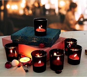 Pure Source India Set of 6 Glass Votive Tealight Candle Holders - Living Room Side Table Home Decoration (Glass, Pack of 6, Black)