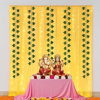 SpecialYou.in Ganpati Decoration For Home Decoration Tulle Yellow Net Curtain Cloth Backdrop Combo With Led Lights And Green Leaves For Ganesh Chaturthi Decoration Items