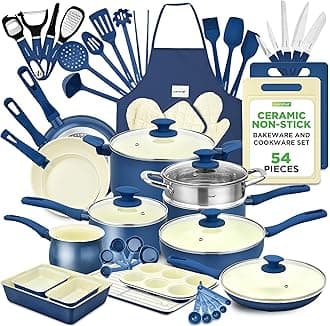 Pots and Pans Set Non-Stick Cookware, 54-Piece Nonstick Multi-Sized Pot and Pan Sets with Lids, Kitchen, Bakeware, Induction Compatible, PFOA-Free, Blue