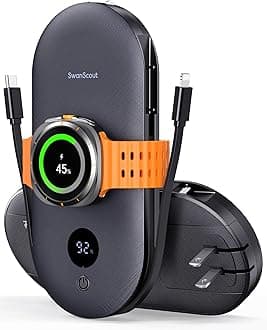 SwanScout Portable Charger for Samsung Watch 8 Classic/8/Ultra/7, 10000mAh Power Bank with Built-in Cables & Wall Plug, 302S Travel Battery Pack Compatible with iPhone, Samsung, and More