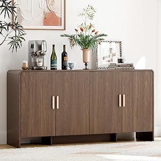 ONBRILL 60" Sideboard Buffet Cabinet with Storage, Curved Design Farmhouse Modern Coffee Bar Cabinet with 4 Doors & Adjustable Shelves for Living Room, Kitchen, Hallway, Walnut