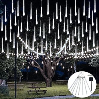 White Solar Christmas Lights, 8 Tube 144 LEDs Solar Meteor Shower Lights Outdoor, White Christmas Light for Tree Wedding Xmas Holiday Party Patio GazeboDecor