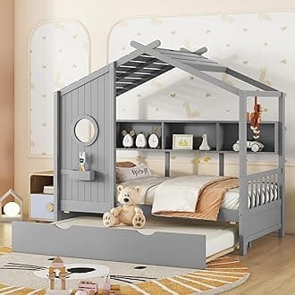 Linique Wooden Twin Size House Bed with Trundle and Storage Shelf,Modern Design Twin Platform Bed Frame with Pitched Roof(Gray)