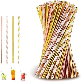 Biodegradable Paper Straws Disposable 100 Rose Gold Striped Drinking Straws for Birthday, Anniversary, Wedding, Holiday Celebrations, Party Decor, Bridal Shower Party Favor and Supplies