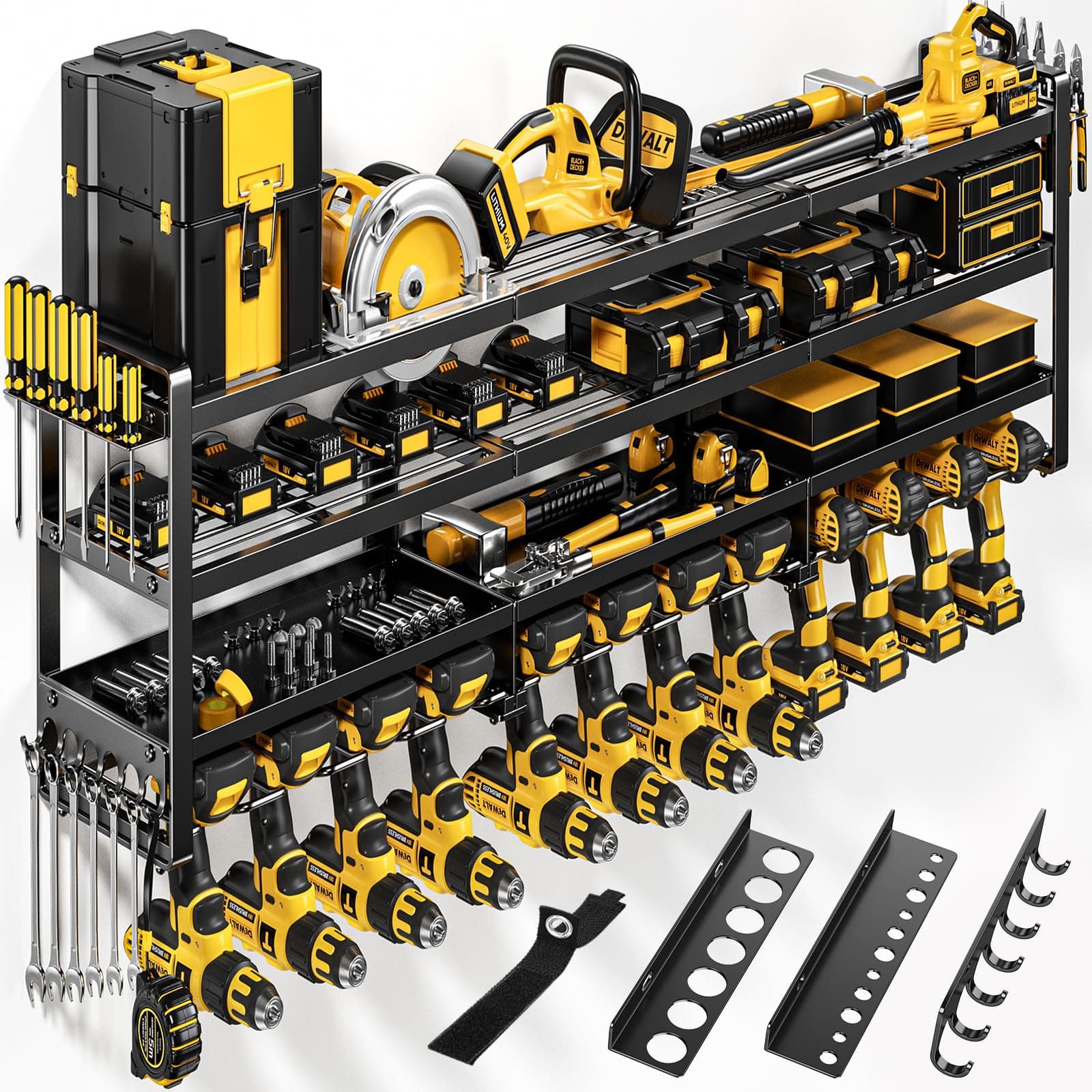 49" W Large Power Tool Organizer Wall Mount, 4 Layer Heavy Duty Loads 800 lbs, Tool Storage Rack Holds 12 Cordless Drills, Large Capacity Battery Holder for Garage, Gift for Men