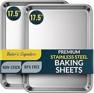 Baker’s Signature Stainless Steel Cookie Sheet Pan, Stainless Steel Baking Sheet Set of 2, Mirror Finish, Non-Stick, Rust Resistant, BPA Free, Dishwasher Safe, 17.5 x 13 Inch