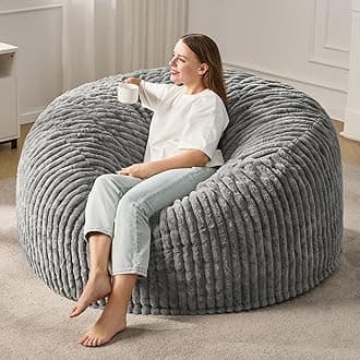 Hobestluk 5ft Bean Bag Chairs for Adults Large Beanbag Chair with Stripe Plush Cover Big Bean Bag Chair for Living Room Bedroom Dorm Office -Grey (50” x 50” x 24”)