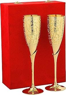 24K Gold Plated Wedding Champagne Flute for Bride & Groom Toasting Glass Set of 2, Brass Wine Goblet Metal Chalice Cup, Engraved Gift for Corporate Clients, Marriage Anniversary Couple, Newlyweds