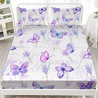 XYNHML Purple Lavender Fitted Sheet Deep Pocket Kids Colorful Butterfly Quilt Bed Sheet Queen for Kids Boys Girls Include 1 Fitted Sheets & 2 Pillowcases No Flat Sheet