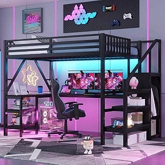 Full Size Loft Bed with Stairs and Desk, Gaming Loft Beds with RGB LED Light and Storage Shelf, Heavy-duty Metal Loft Bed Frame with Wardrobe, Charging Station for Adults Kids Teens, Black