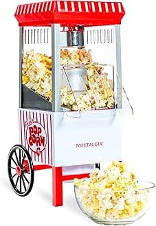 Vintage Hot-Air Popcorn Maker Machine - Makes Up to 12 Cups - Oil-Free - Healthier Popcorn - Classic Stand-Up Cart With Wheels - Includes Kernel Measuring Cup - White & Red