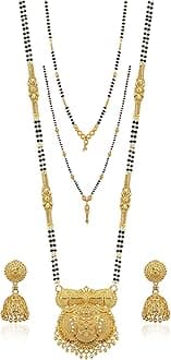 Brado Jewellery Traditional Gold Plated 30inch Long and 18inch short 2 Inch Earring Combo Of 3 Mangalsutra/Tanmaniya/nallapusalu/Black Beads For Women and Girls