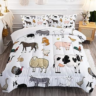 BailiPromise Farm Animal Bedding Set for Kids Cartoon Milk Cow Comforter 3 Piece Cute Horse Pig Chicken Cat Dog Cat Down Comforter Rustic Style Quilt Set Twin Size Ultra Soft Lighweight
