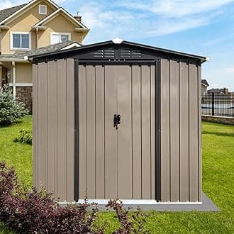 6 x 4 FT Outdoor Storage Shed, Metal Garden Tool Shed with Slooping Roof, Lockable Doors and Aluminum Frames, Easy to Assemble for Garden, Patio, Lawn, Brown