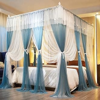 Joyreap Luxury 4 Corners Post Canopy Bed Curtains Twin, Blue n White Cozy Drape Netting for Girls n Adults - 4 Openings Cute Princess Style Bedroom Decoration Accessories