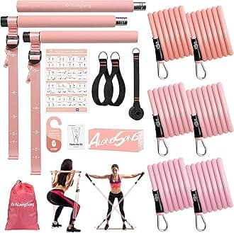 Pilates Equipment Pilates Reformer Bar Set With 6 Elastic Resistance Bands 180LBS/240LBS/360LBS & Door Anchor for Full-Body Fitness Toning & Muscle Building | Home Workout/Gym/Travel