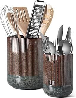 LE TAUCI Utensil Holder for Kitchen Counter, 7.3"+5.4" Fluted Ceramic Utensil Crock Organizer for Countertop, Heavy Large Holder for Spatulas, Spoons, Set of 2, Olive Brown Marble