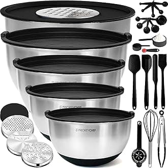 Priority Chef Stainless Steel Mixing Bowls with Lids Set, Metal Nesting Bowls with Airtight Lids, Graters, Non-Slip Base & Measurement Marks, Includes Utensil Set for Prep, Baking & Storage, Black