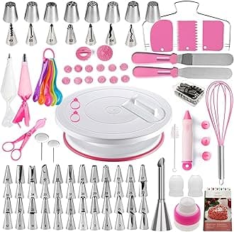 Cake Decorating Kit,137pcs Cake Decorating Supplies with Cake Turntable for Decorating,Pastry Piping Bag,Russian Piping Tips Baking Tools, Cake Baking Supplies for Beginners(Pink)
