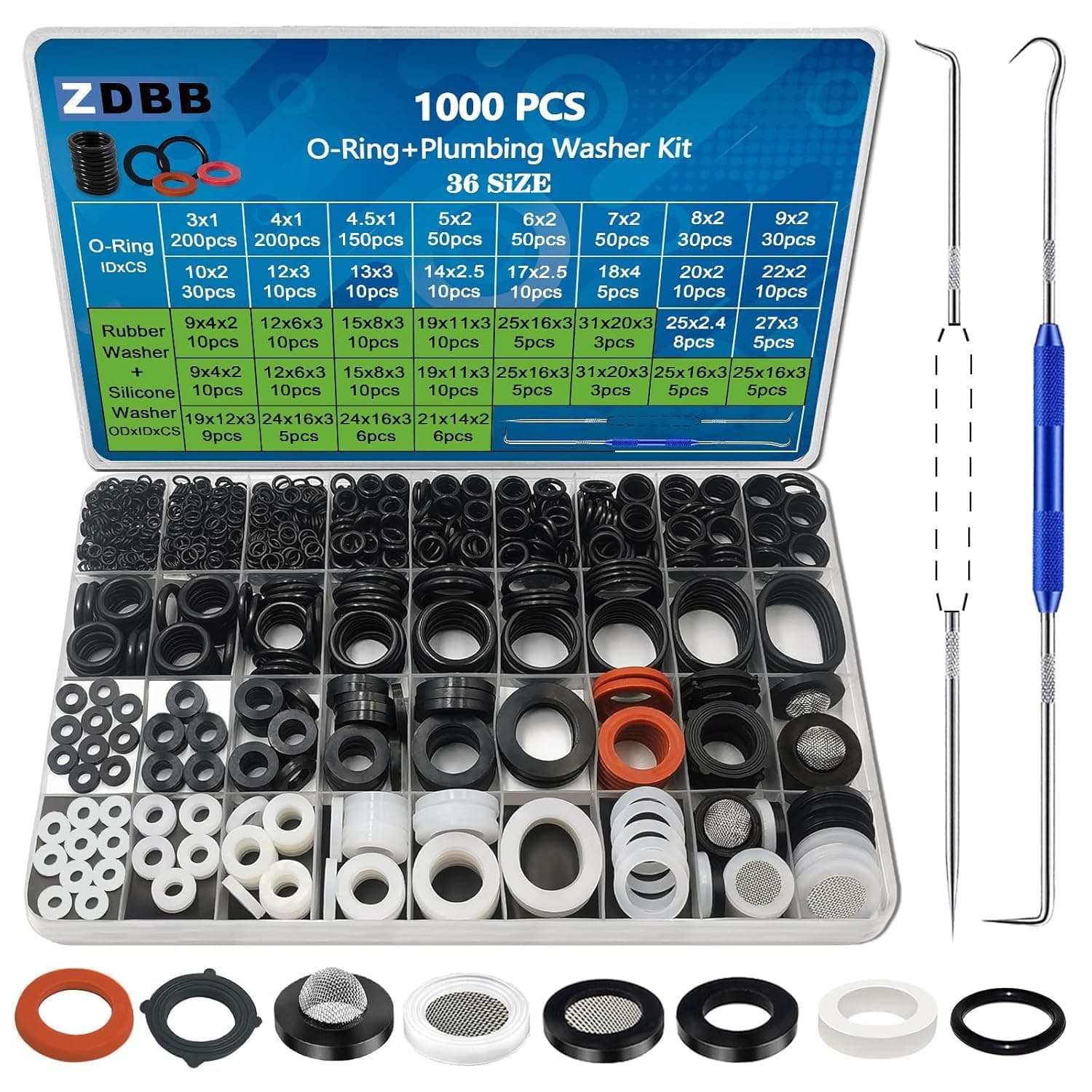 ZDBB  1000 PCS 18 Size O Ring Kit+18 Size Rubber Washers Assortment Kit