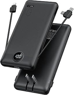 Portable Charger,Power Bank Built-in Cables and AC Wall Plug,VRURC USB C Portable Bank 10000mAh,Travel Essentials Phone Charger Compact Lightweight External Battery Pack for Smart Phones,Tablets-Black