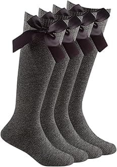 2 Pairs Girls Knee High School Socks With Fluffy Ribbons Bow, Cotton Back to School Uniform Party Wear Long Socks (2P, Grey, 4-6)