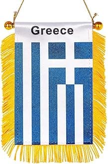 WXTWK 3 X 5 Inch Greece Flag Greek Window Hanging Flag Small Mini Car Flags Banners Rearview Mirror Decoration With Suction Cup Golden Fringy Banner