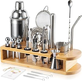 Semderm Cocktail Shaker Set, 26-Piece Premium Mixology Bartender Kit - 18/8 Stainless Steel Bar Set with Bamboo Stand - Includes Mixing Tin, Hawthorne & Mesh Strainer - Professional Gift for Men