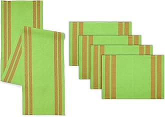 Encasa XO Table Runner and Placemats Set 4 | Fine Ribbed Cotton | Ladder Green | 1 Table Runner Size 32x137 cm & Each Table Mat Size 48x32 cm