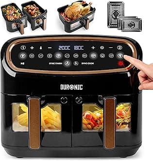 Duronic XXL Air Fryer AF34 BG 10L Digital Family Size Air Fryers Oil Free Triple Drawers 10in1 Dual Zone Extra Large AirFryer for Family Cooking with Dishwasher Safe Non-Stick Baskets Black