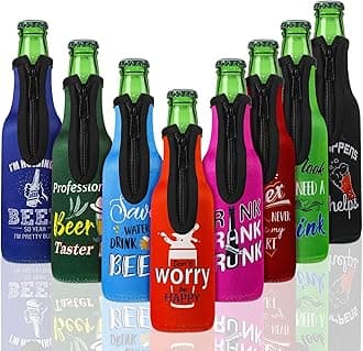 8 Piece Summer Beer Bottle Insulator Sleeve with Zipper Neoprene Insulated Jackets Keep Warm and Cold Beer Bottle Sleeves with Stitched Fabric Edges for Party