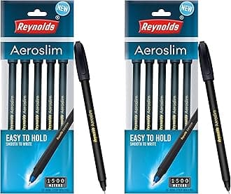 Reynolds AEROSLIM BP 5 CT POUCH - BLACK | Ball Point Pen Set With Comfortable Grip | Pens For Writing | School and Office Stationery | Pens For Students | 0.7mm Tip Size (Pack of 2)