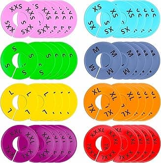 40 Pack Round Colorful Plastic Clothing Size Closet Rack Dividers Hangers, 8 Assorted Colors, Preprinted in 8 Sizes XXS, XS, S, M, L, XL, XXL, XXXL (Outer 3.5”, Inner Diameter 1.38”)