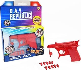 Red Die Cast Metal Spud Gun Pistol, Great Retro Fun for Kids & Adults, Role Playing Toy Gun with 12 Soft Rubber Bullets