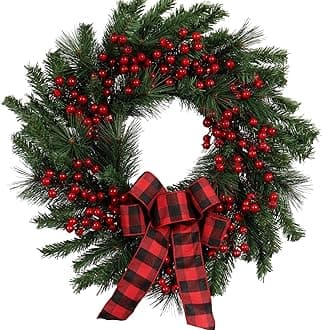 22 in Artificial Christmas Wreath with Red Berries and Black Red Checkered Ribbon - Lush Pine Needle Wreath for Holiday Home Decor and Christmas Door Decoration