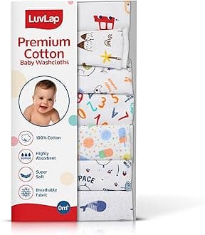 LuvLap Hosiery Cotton Cloth Premium Baby Washcloth for New Born, Washable (30 cm x 30 cm), Reusable, Absorbent, Extra Soft Face Towels/Washcloth for Babies, Alphabets Print, Pack of 7 Pcs, Multicolour
