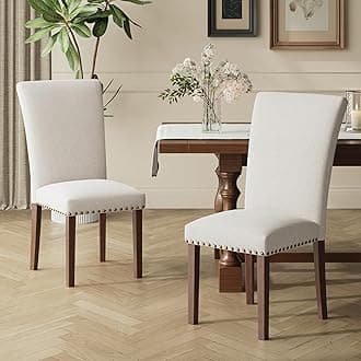 COLAMY Upholstered Parsons Dining Chairs Set of 2, Fabric Dining Room Kitchen Side Chair with Nailhead Trim and Wood Legs - Beige